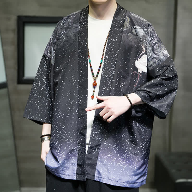 Nimara Ritual Summer Casual Lotus Leaves Butterfly Crane Print Open Front Men's Kimono
