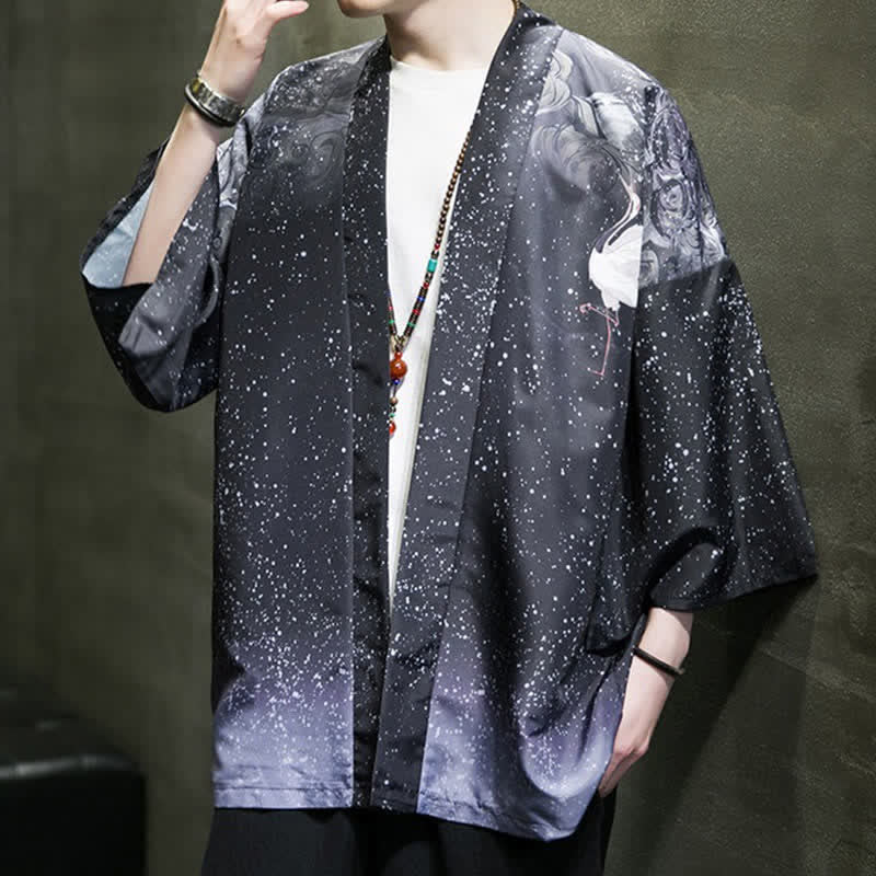 Nimara Ritual Summer Casual Lotus Leaves Butterfly Crane Print Open Front Men's Kimono