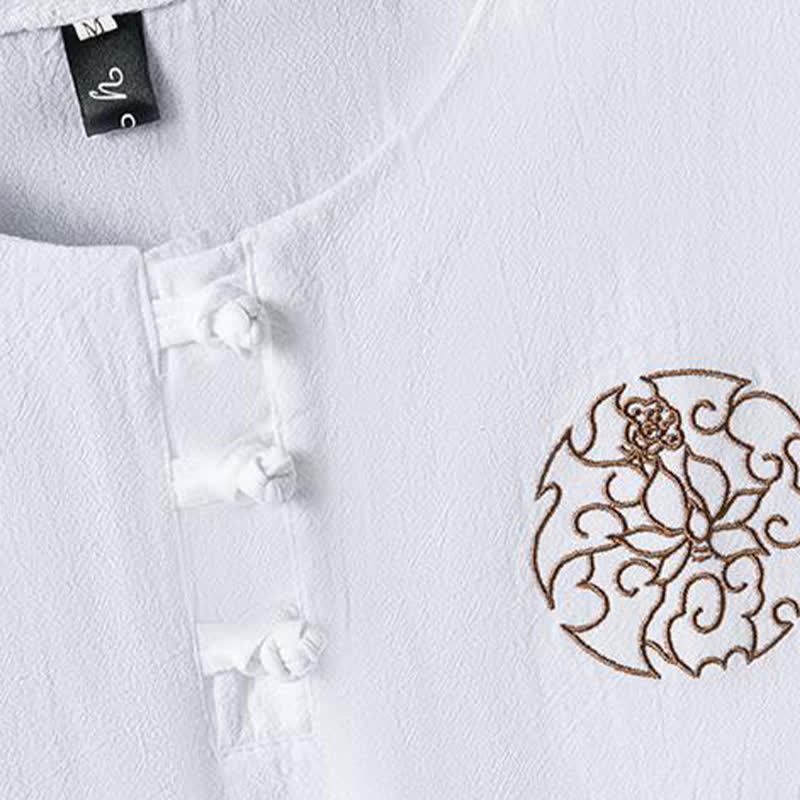 Nimara Ritual Summer Casual Frog Button Flower Embroidery Men's Short Sleeve Shirts