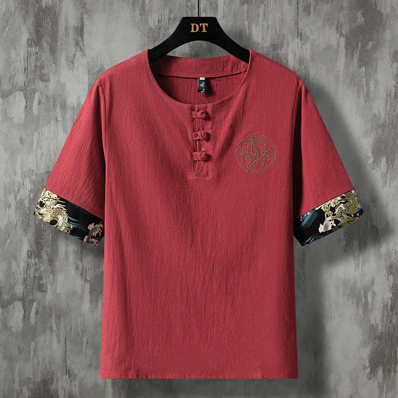 Nimara Ritual Summer Casual Frog Button Flower Embroidery Men's Short Sleeve Shirts