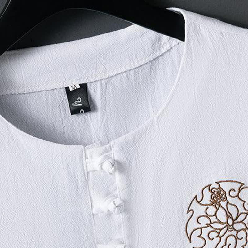 Nimara Ritual Summer Casual Frog Button Flower Embroidery Men's Short Sleeve Shirts