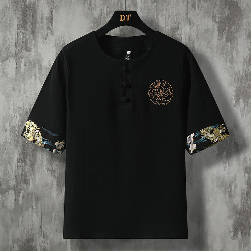 Nimara Ritual Summer Casual Frog Button Flower Embroidery Men's Short Sleeve Shirts