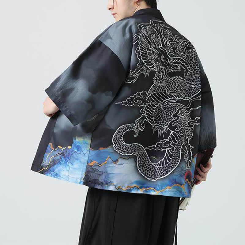 Nimara Ritual Summer Casual Dragon Mountains Open Front Men's Kimono