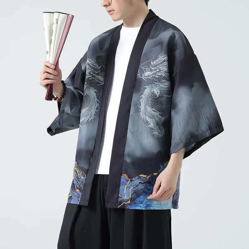 Nimara Ritual Summer Casual Dragon Mountains Open Front Men's Kimono