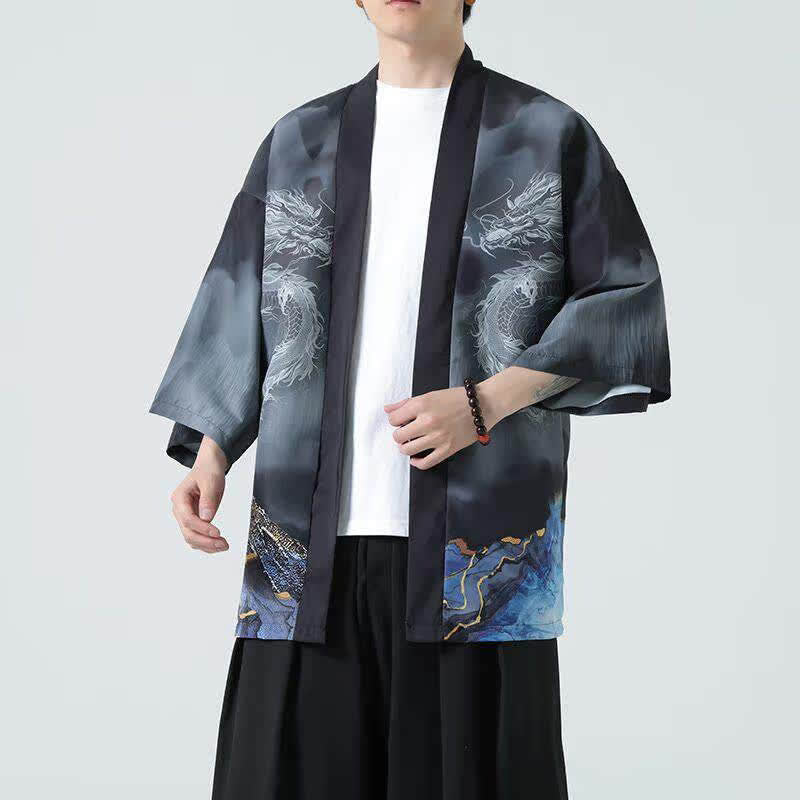 Nimara Ritual Summer Casual Dragon Mountains Open Front Men's Kimono