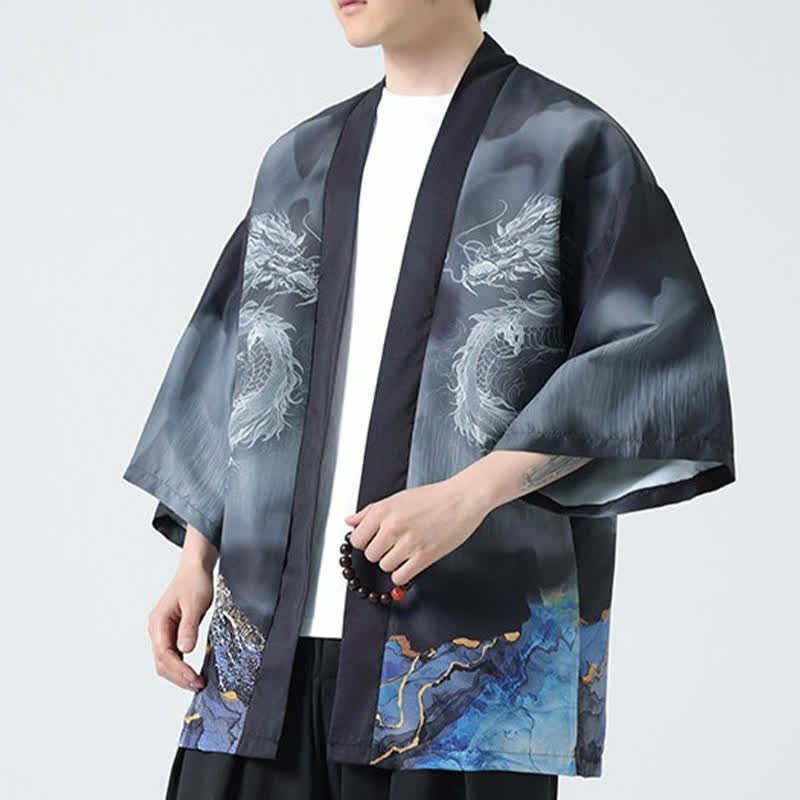 Nimara Ritual Summer Casual Dragon Mountains Open Front Men's Kimono