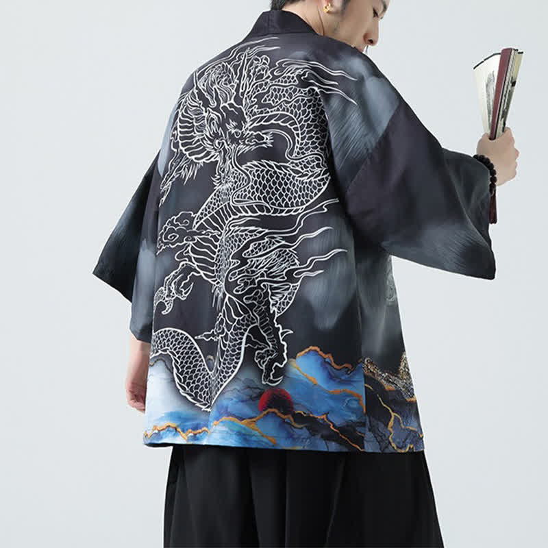 Nimara Ritual Summer Casual Dragon Mountains Open Front Men's Kimono