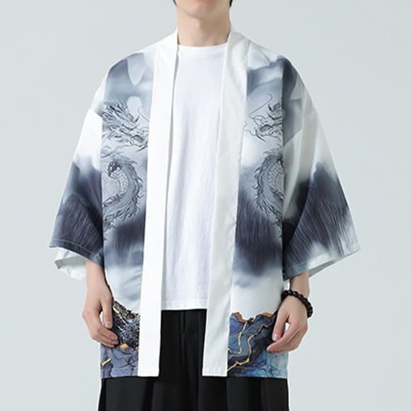 Nimara Ritual Summer Casual Dragon Mountains Open Front Men's Kimono