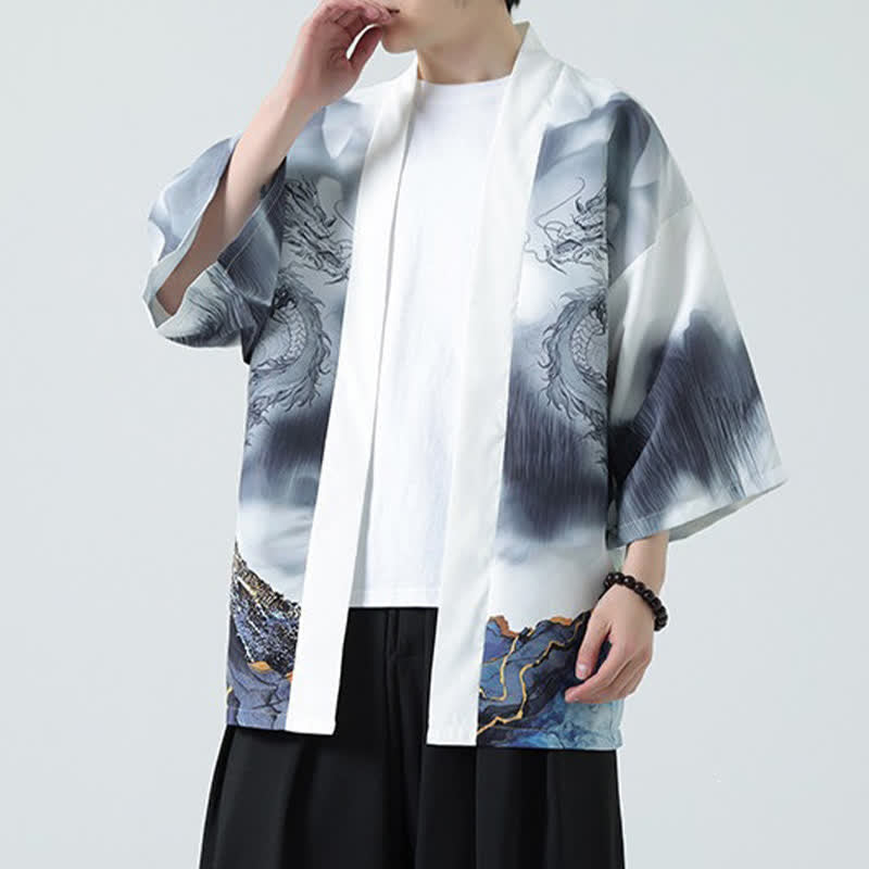 Nimara Ritual Summer Casual Dragon Mountains Open Front Men's Kimono