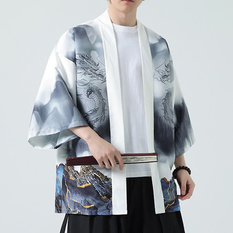 Nimara Ritual Summer Casual Dragon Mountains Open Front Men's Kimono