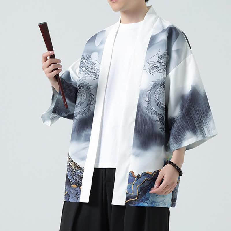 Nimara Ritual Summer Casual Dragon Mountains Open Front Men's Kimono