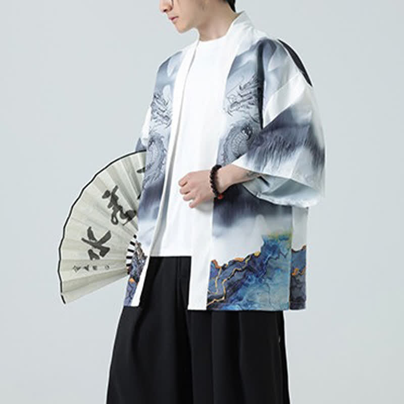 Nimara Ritual Summer Casual Dragon Mountains Open Front Men's Kimono