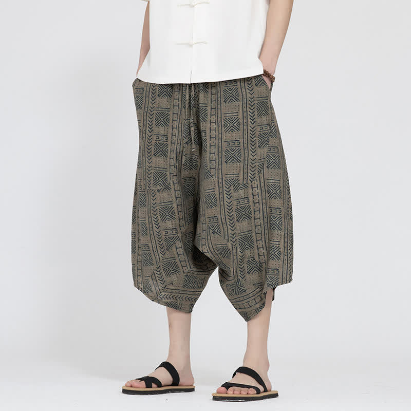 Nimara Ritual Summer Boho Casual Elastic Waist Geometric Floral Pattern Capri Pants Men's Harem Pants