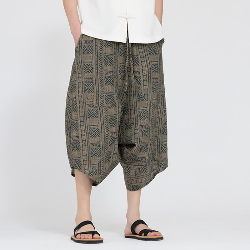 Nimara Ritual Summer Boho Casual Elastic Waist Geometric Floral Pattern Capri Pants Men's Harem Pants