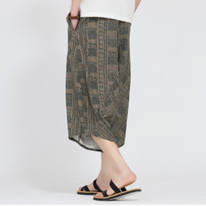 Nimara Ritual Summer Boho Casual Elastic Waist Geometric Floral Pattern Capri Pants Men's Harem Pants