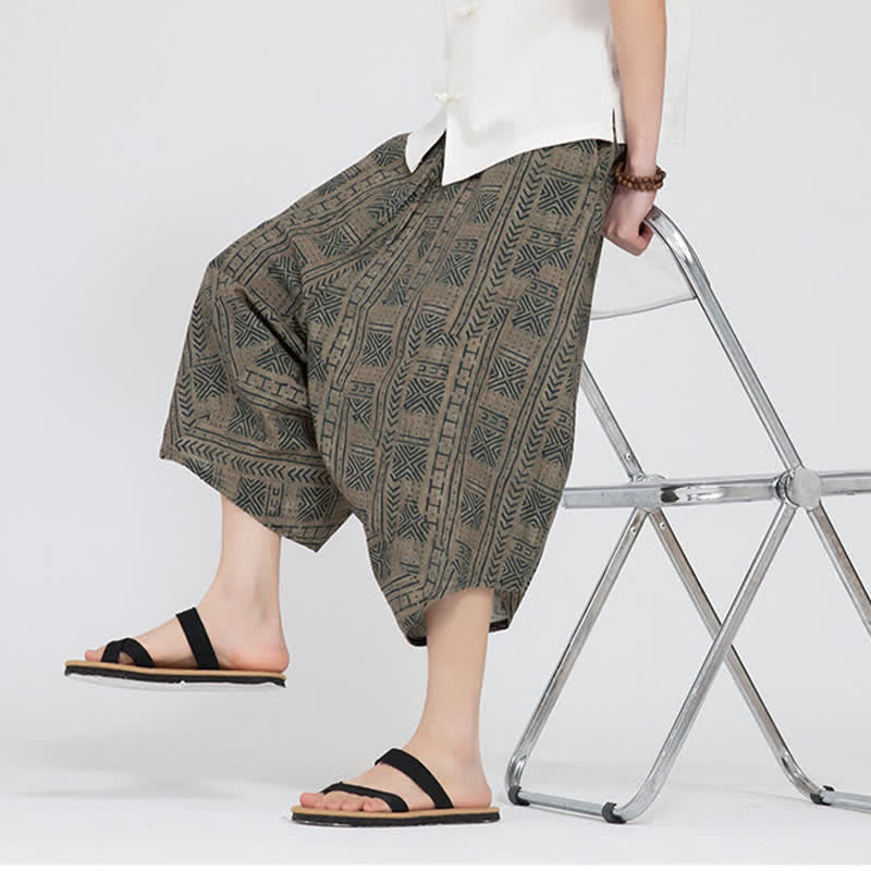 Nimara Ritual Summer Boho Casual Elastic Waist Geometric Floral Pattern Capri Pants Men's Harem Pants