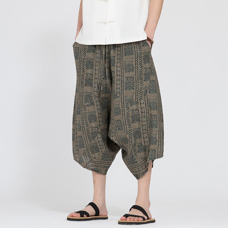 Nimara Ritual Summer Boho Casual Elastic Waist Geometric Floral Pattern Capri Pants Men's Harem Pants