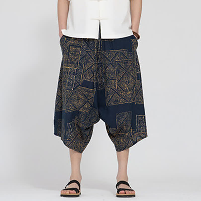 Nimara Ritual Summer Boho Casual Elastic Waist Geometric Floral Pattern Capri Pants Men's Harem Pants