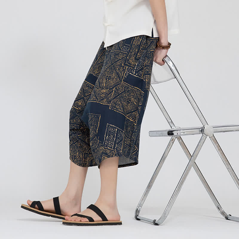 Nimara Ritual Summer Boho Casual Elastic Waist Geometric Floral Pattern Capri Pants Men's Harem Pants