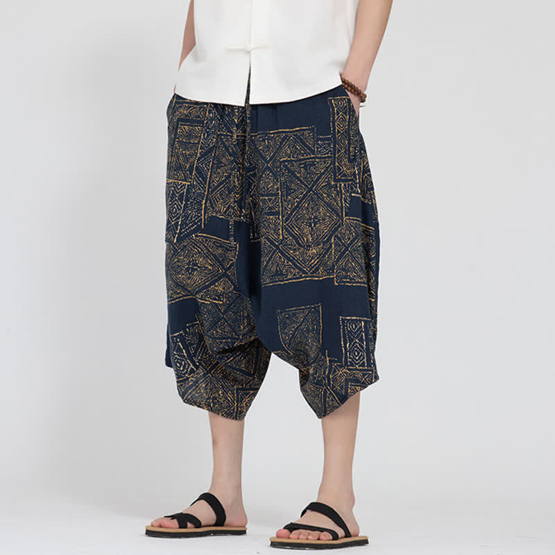 Nimara Ritual Summer Boho Casual Elastic Waist Geometric Floral Pattern Capri Pants Men's Harem Pants