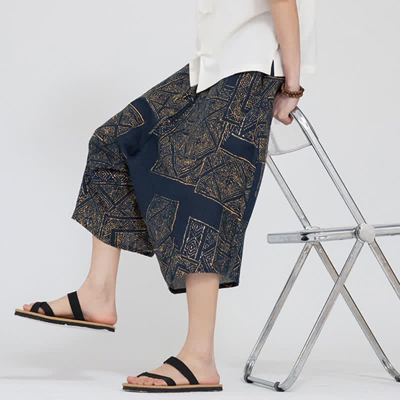 Nimara Ritual Summer Boho Casual Elastic Waist Geometric Floral Pattern Capri Pants Men's Harem Pants