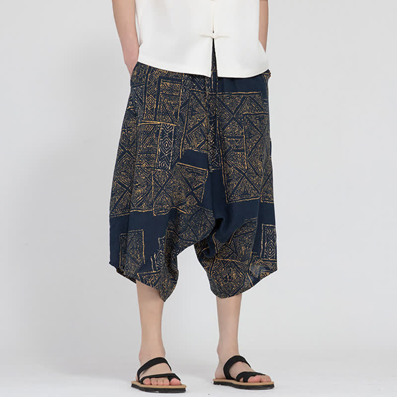 Nimara Ritual Summer Boho Casual Elastic Waist Geometric Floral Pattern Capri Pants Men's Harem Pants