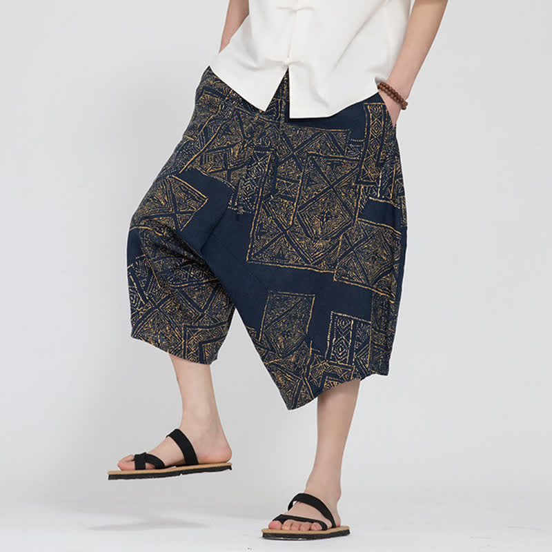 Nimara Ritual Summer Boho Casual Elastic Waist Geometric Floral Pattern Capri Pants Men's Harem Pants