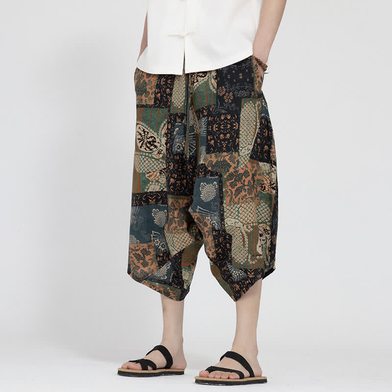 Nimara Ritual Summer Boho Casual Elastic Waist Geometric Floral Pattern Capri Pants Men's Harem Pants