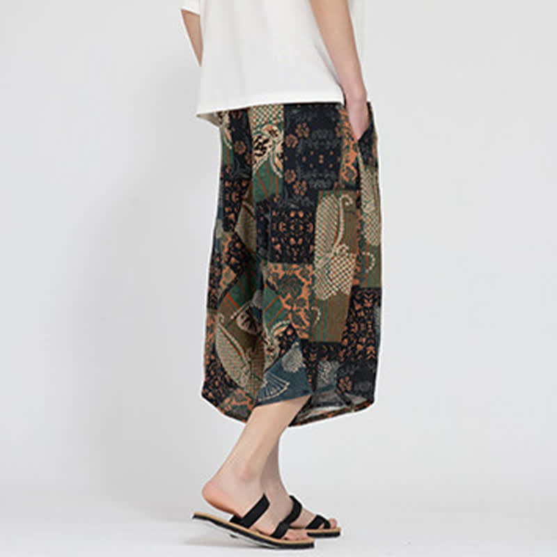 Nimara Ritual Summer Boho Casual Elastic Waist Geometric Floral Pattern Capri Pants Men's Harem Pants