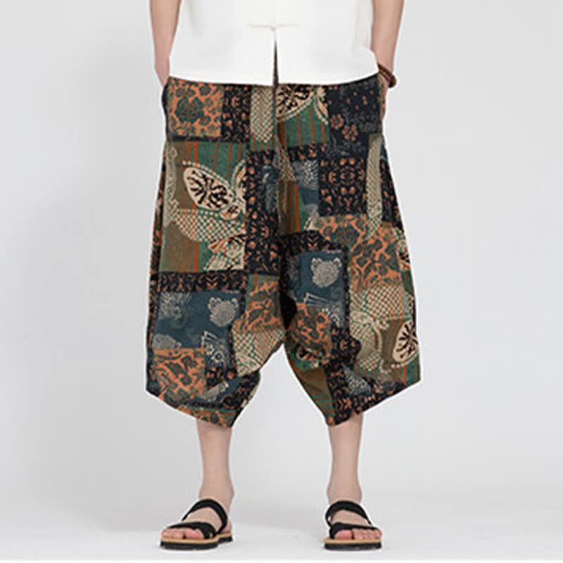 Nimara Ritual Summer Boho Casual Elastic Waist Geometric Floral Pattern Capri Pants Men's Harem Pants