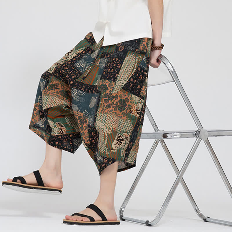 Nimara Ritual Summer Boho Casual Elastic Waist Geometric Floral Pattern Capri Pants Men's Harem Pants