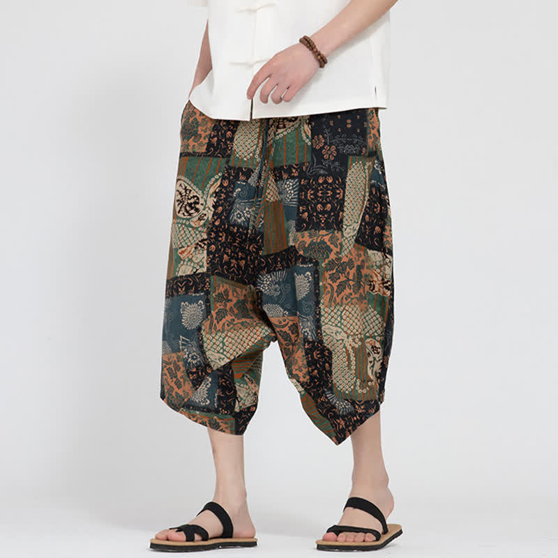 Nimara Ritual Summer Boho Casual Elastic Waist Geometric Floral Pattern Capri Pants Men's Harem Pants
