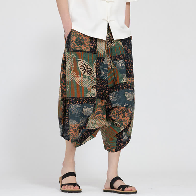 Nimara Ritual Summer Boho Casual Elastic Waist Geometric Floral Pattern Capri Pants Men's Harem Pants