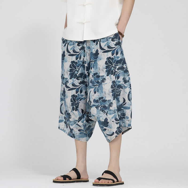 Nimara Ritual Summer Boho Casual Elastic Waist Geometric Floral Pattern Capri Pants Men's Harem Pants