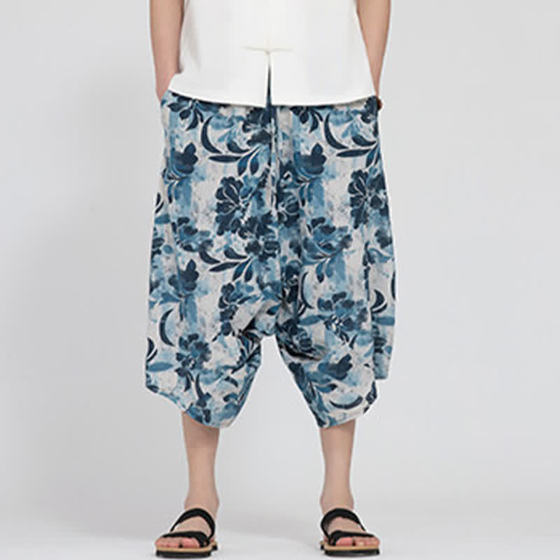 Nimara Ritual Summer Boho Casual Elastic Waist Geometric Floral Pattern Capri Pants Men's Harem Pants