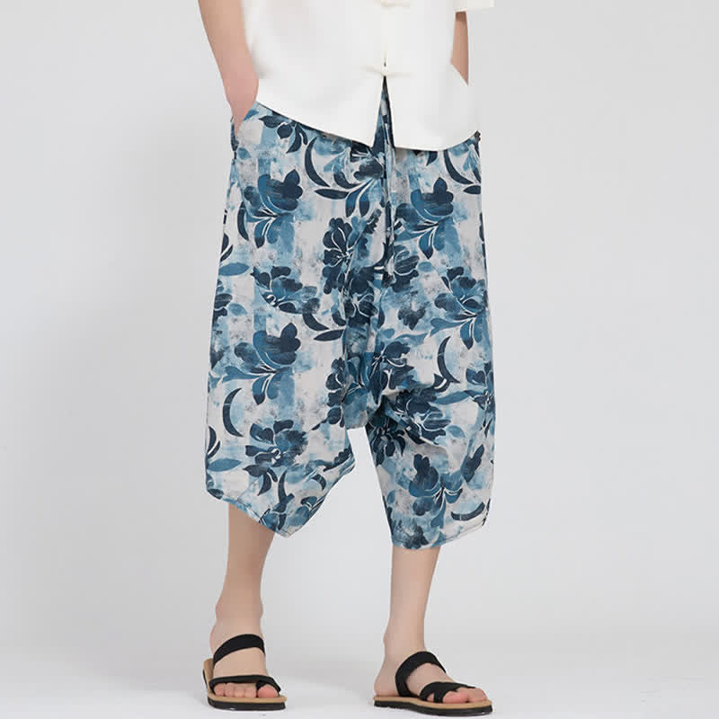 Nimara Ritual Summer Boho Casual Elastic Waist Geometric Floral Pattern Capri Pants Men's Harem Pants