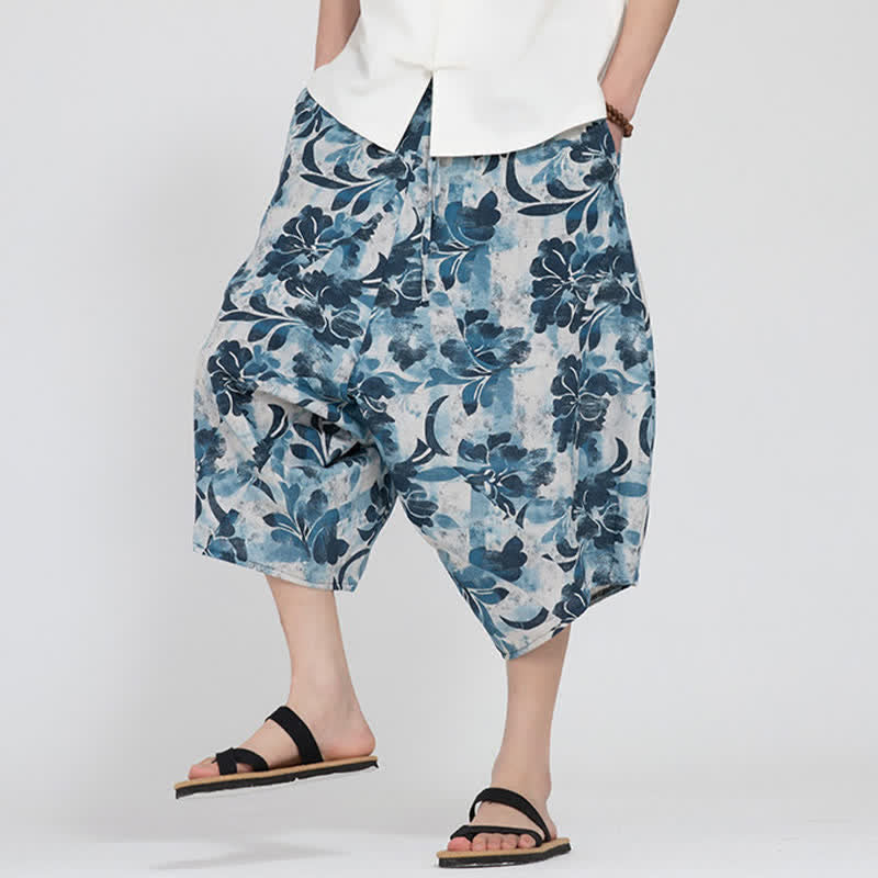 Nimara Ritual Summer Boho Casual Elastic Waist Geometric Floral Pattern Capri Pants Men's Harem Pants