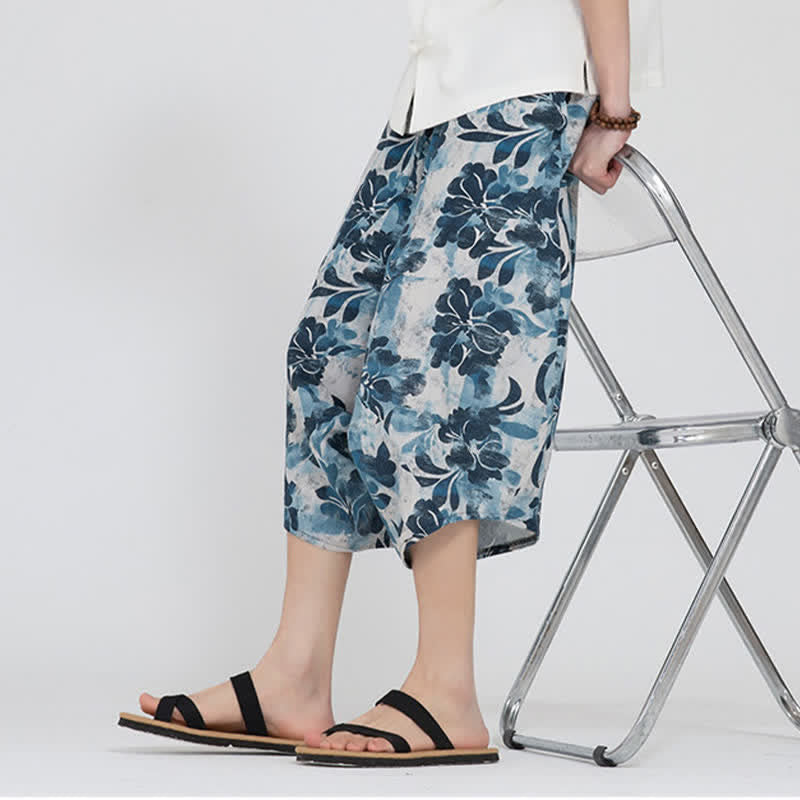 Nimara Ritual Summer Boho Casual Elastic Waist Geometric Floral Pattern Capri Pants Men's Harem Pants