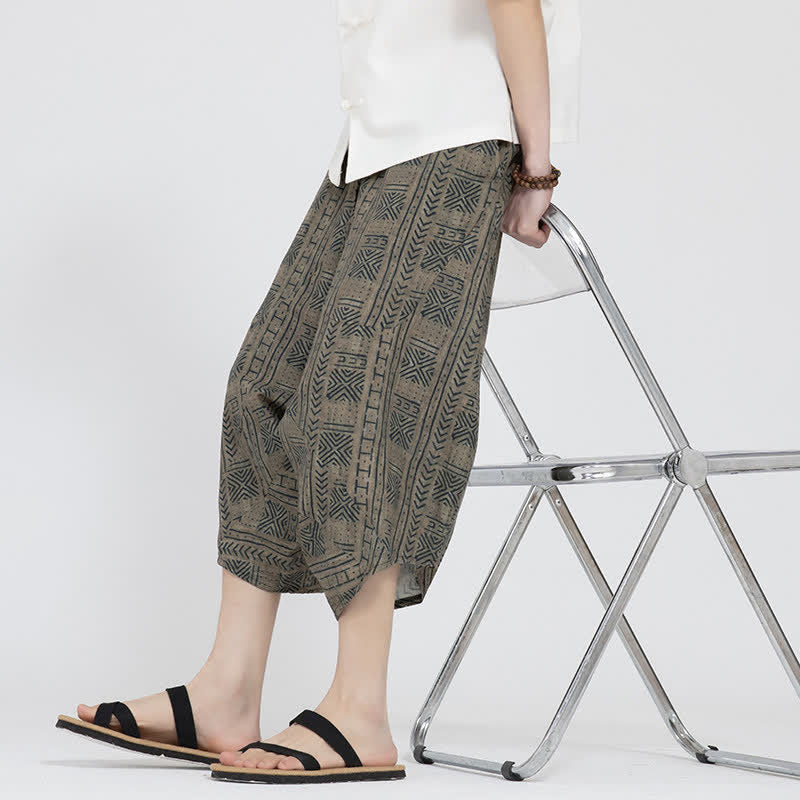 Nimara Ritual Summer Boho Casual Elastic Waist Geometric Floral Pattern Capri Pants Men's Harem Pants