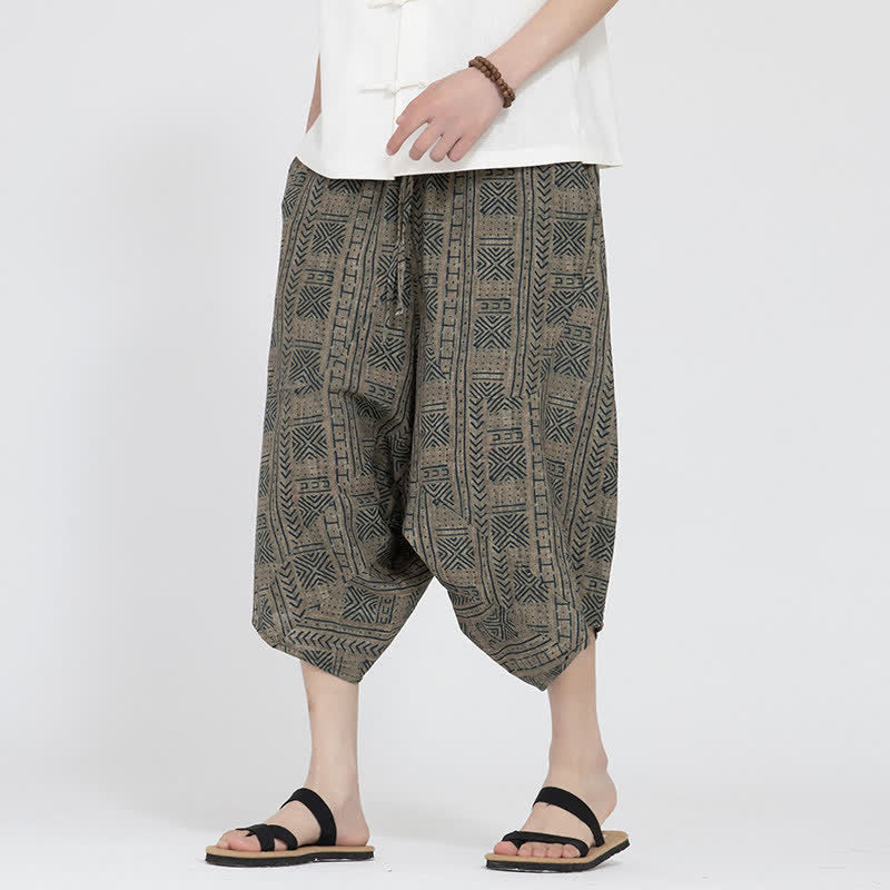 Nimara Ritual Summer Boho Casual Elastic Waist Geometric Floral Pattern Capri Pants Men's Harem Pants