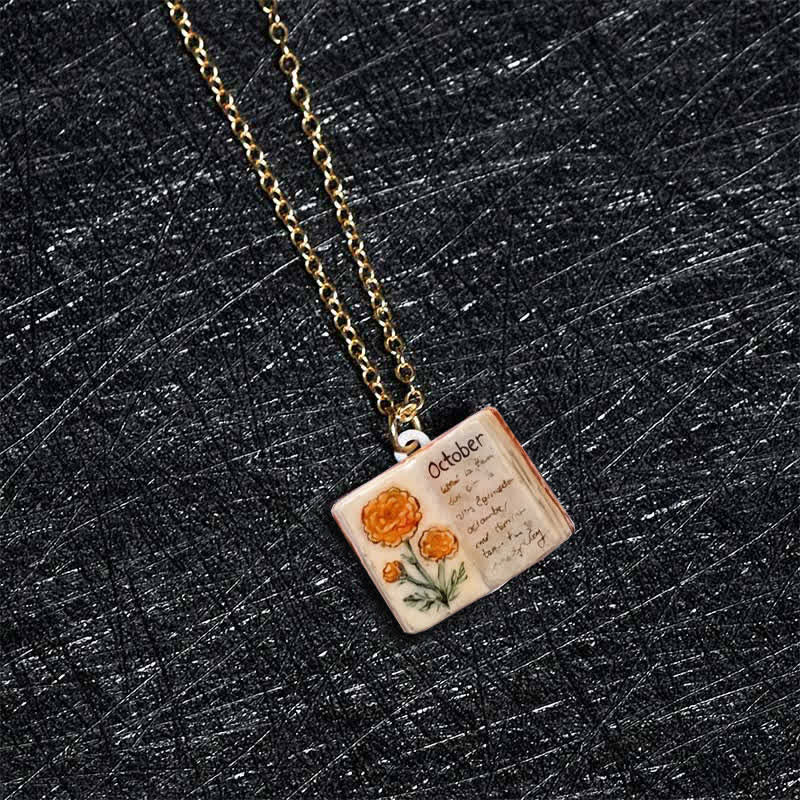 Healing and Luck Copper Birth Flower Strengthen Book Design Pendant Necklace