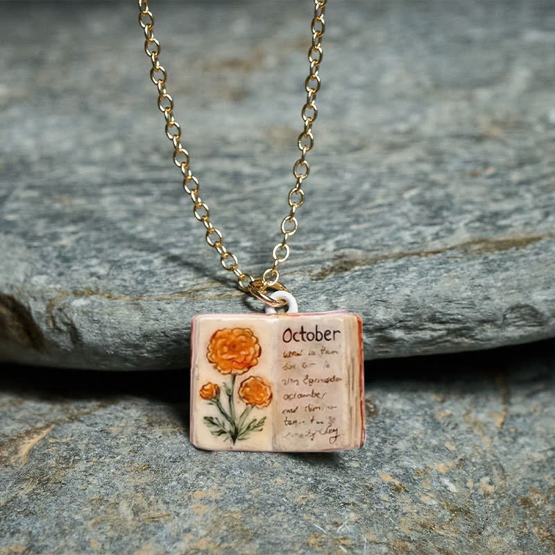 Healing and Luck Copper Birth Flower Strengthen Book Design Pendant Necklace