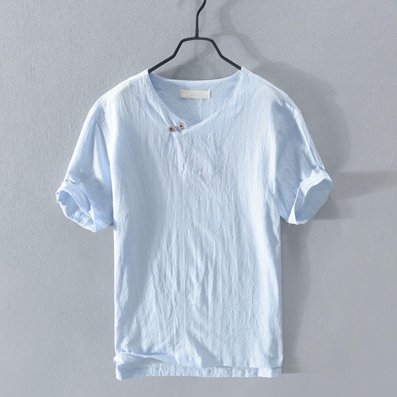 Nimara Ritual Summer Casual Asymmetrical V-Neck Button Solid Men's Short Sleeve Shirts