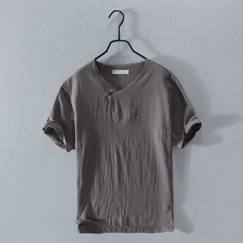 Nimara Ritual Summer Casual Asymmetrical V-Neck Button Solid Men's Short Sleeve Shirts