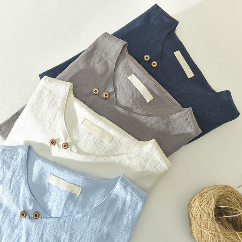 Nimara Ritual Summer Casual Asymmetrical V-Neck Button Solid Men's Short Sleeve Shirts