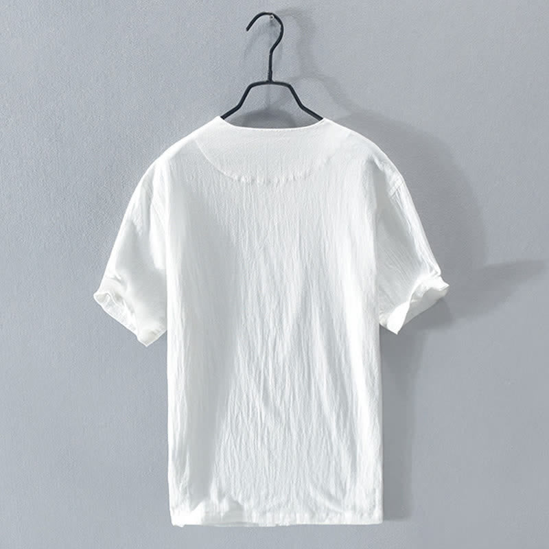 Nimara Ritual Summer Casual Asymmetrical V-Neck Button Solid Men's Short Sleeve Shirts