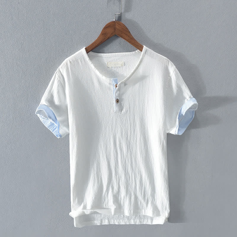 Nimara Ritual Summer Casual Minimalist Two Buttons Solid Cotton Linen Men's Short Sleeve Shirts