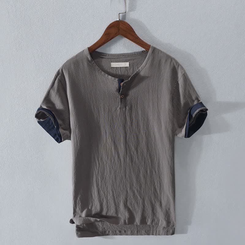 Nimara Ritual Summer Casual Minimalist Two Buttons Solid Cotton Linen Men's Short Sleeve Shirts