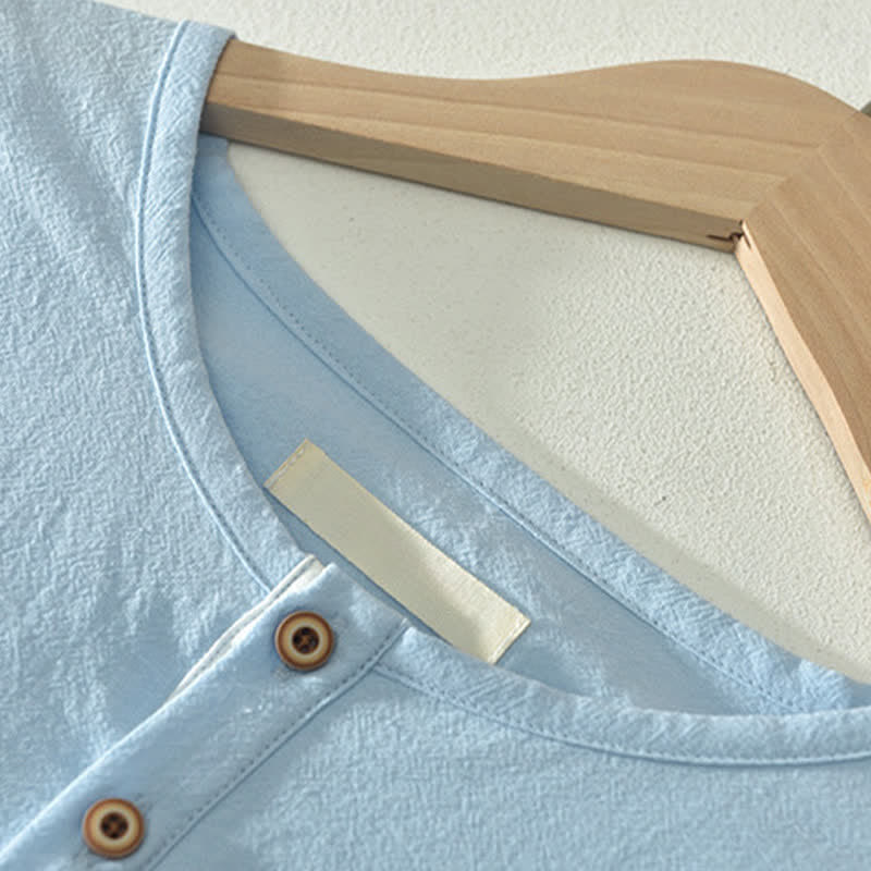 Nimara Ritual Summer Casual Minimalist Two Buttons Solid Cotton Linen Men's Short Sleeve Shirts