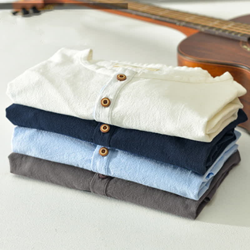 Nimara Ritual Summer Casual Minimalist Two Buttons Solid Cotton Linen Men's Short Sleeve Shirts